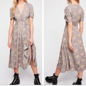 Free People Olivia Long Midi Purple Paisley Print Fit-Flare - Dress SZ 6 boho‎